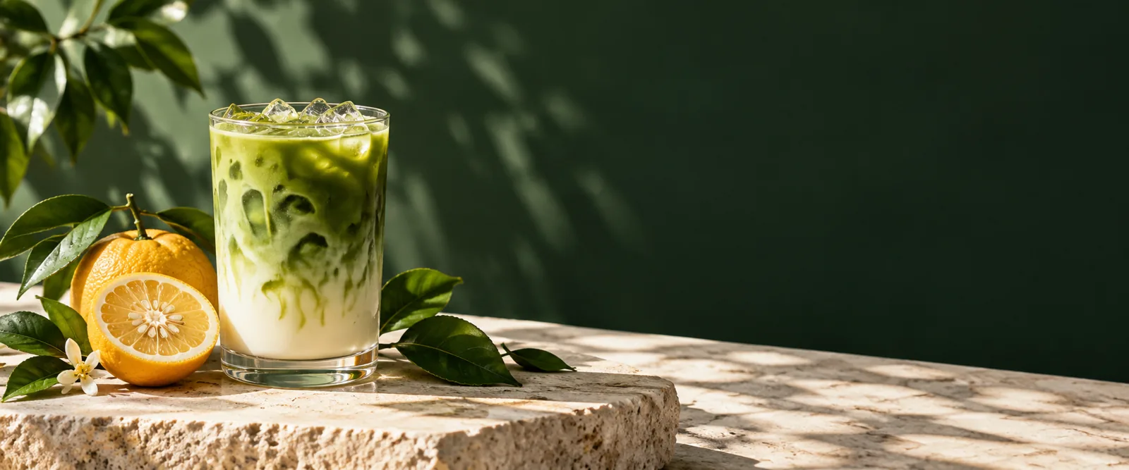 An iced citrus matcha with fresh lemon