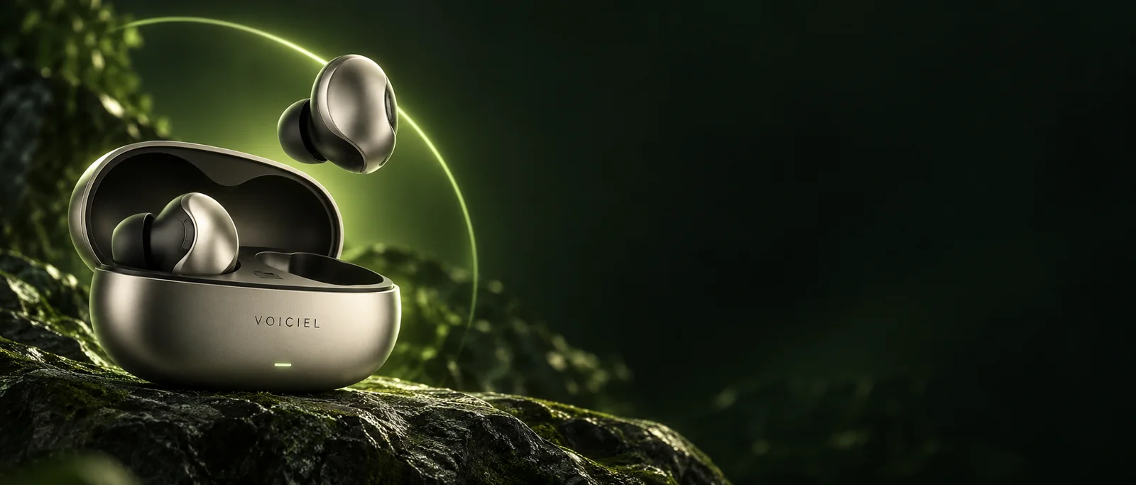 Pearl-silver wireless earbuds with charging case